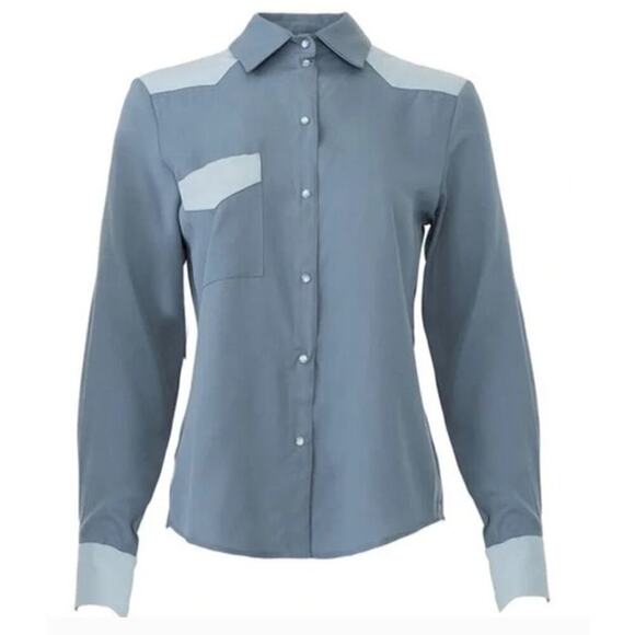 Sabina Musayev Gade Shirt Pearl Snap Button Down Top Gray Blue Colorblock Medium - Picture 1 of 10